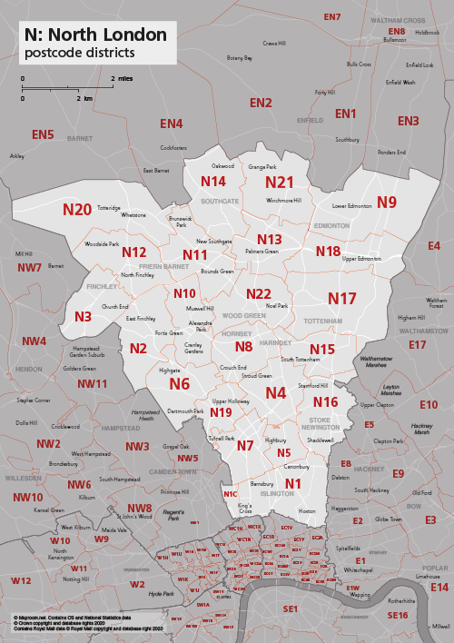 N postcode districts map preview