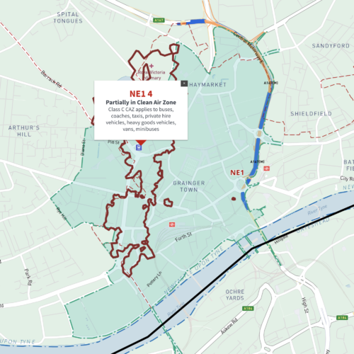 Newcastle / Tyneside Clean Air Zone map with NE postcode boundaries - interactive map preview