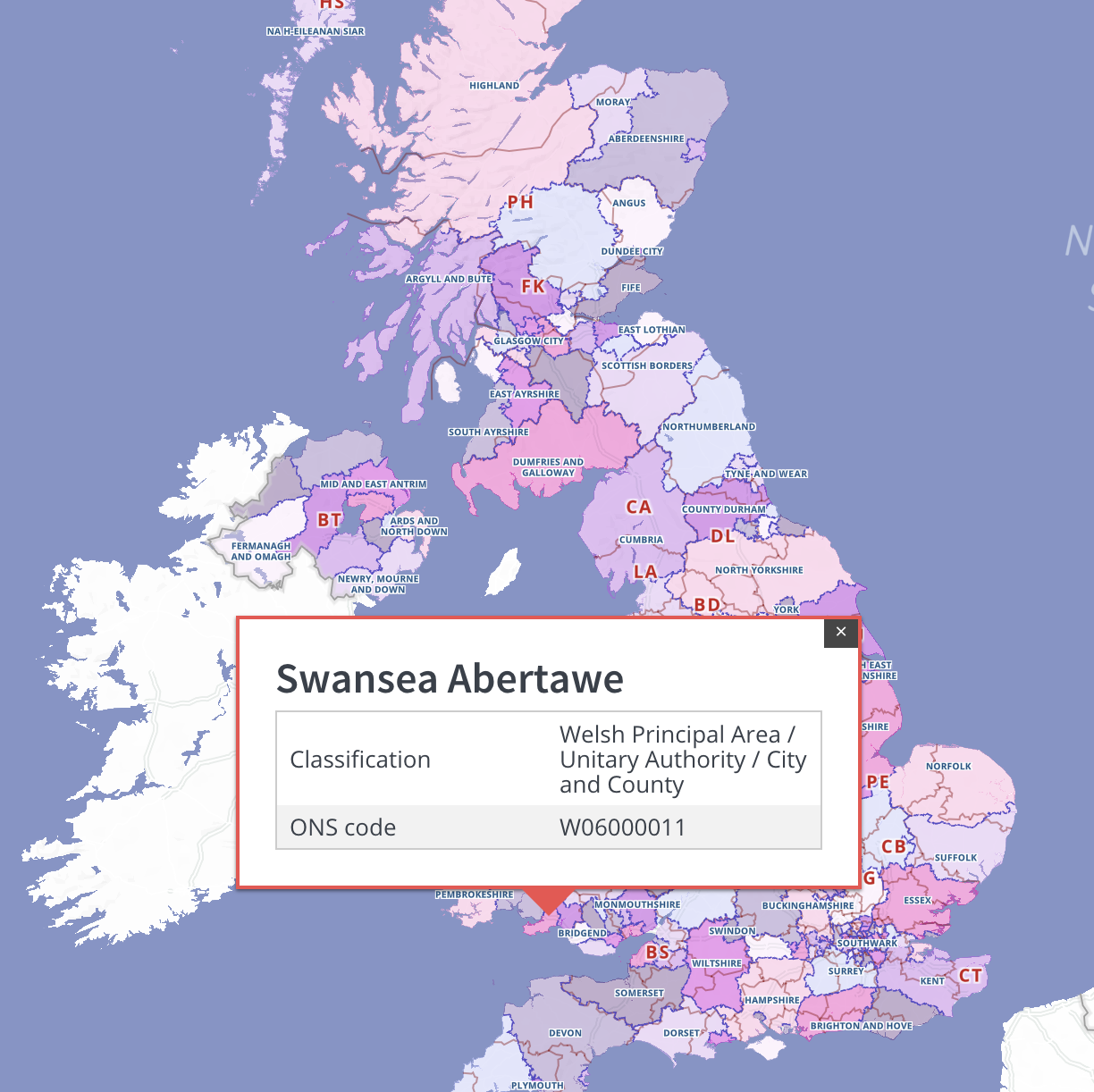 ONS counties unitary authorities postcodes dynamic map preview