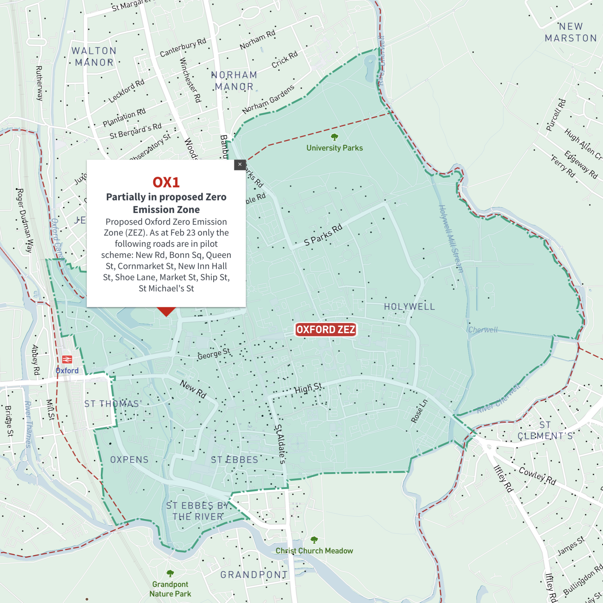 Oxford proposed Zero Emission Zone ZEZ map and OX postcode boundaries interactive map preview