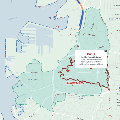 Portsmouth Clean Air Zone map with PO postcode boundaries - interactive map preview