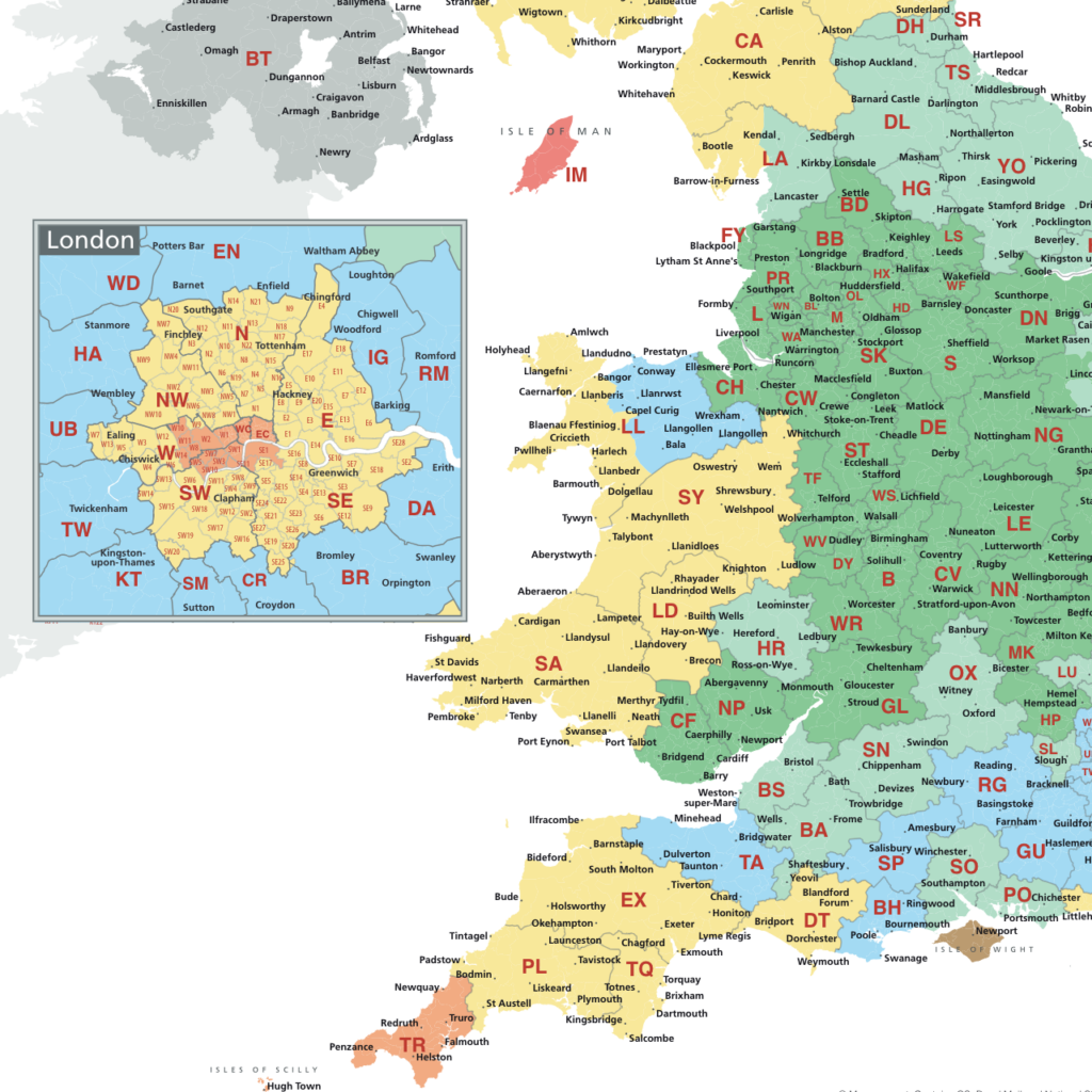 Postcode delivery zones with town names - bespoke mapping example