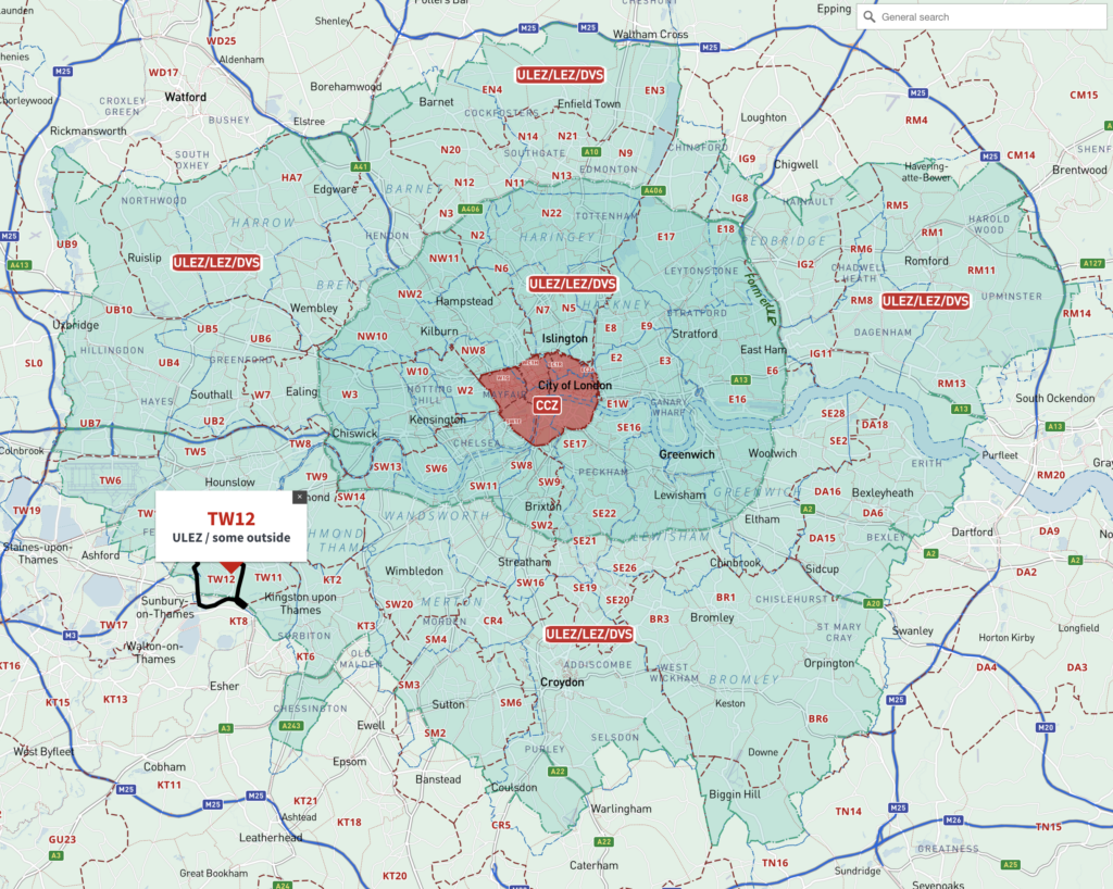 Postcodes in Greater London ULEZ expansion / DVS, Congestion Charge - interactive map preview