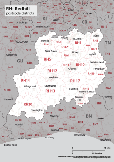 Map of RH postcode districts – Redhill – Maproom
