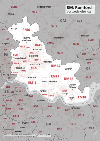 RM postcode districts map preview