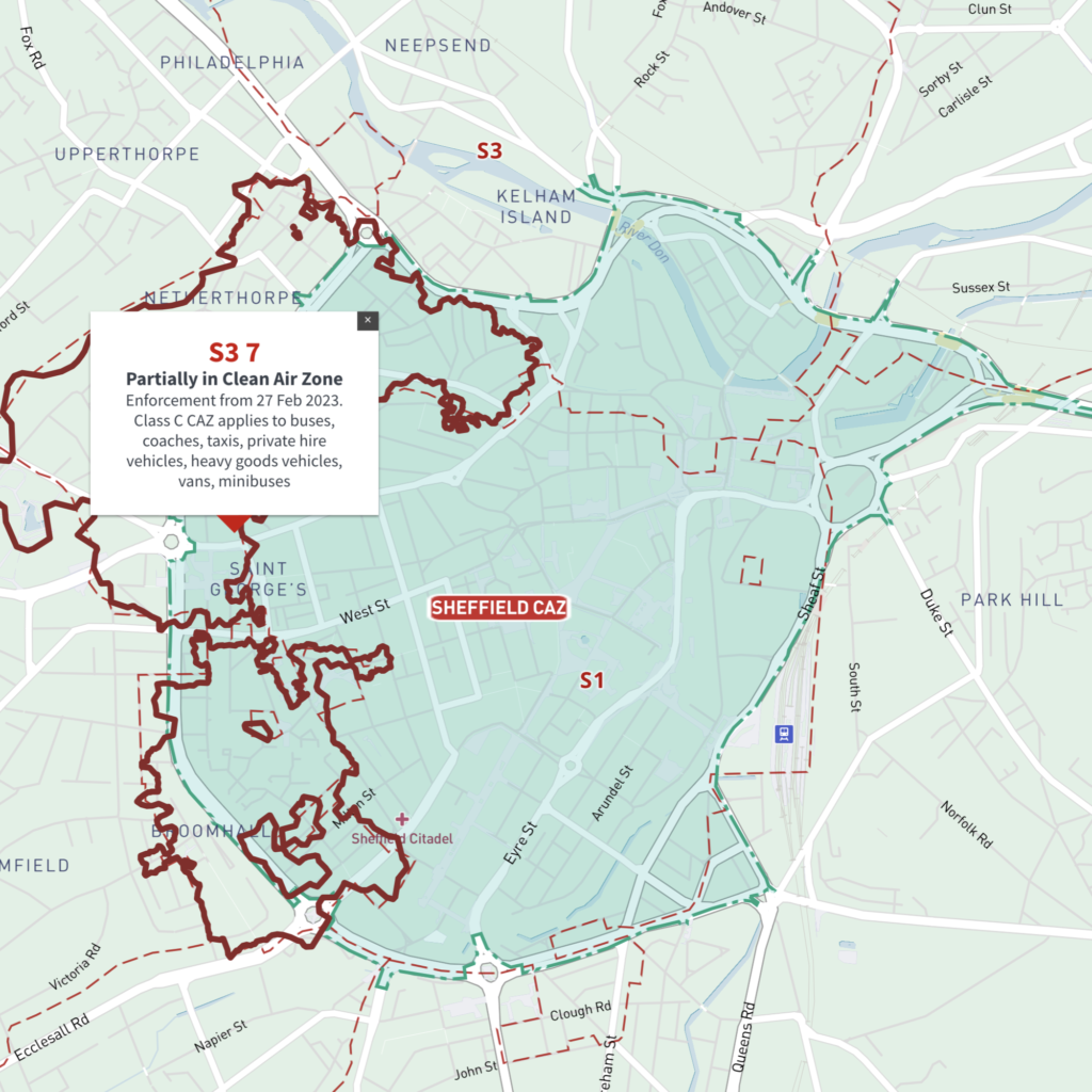Sheffield Clean Air Zone map with S postcode boundaries - interactive map preview