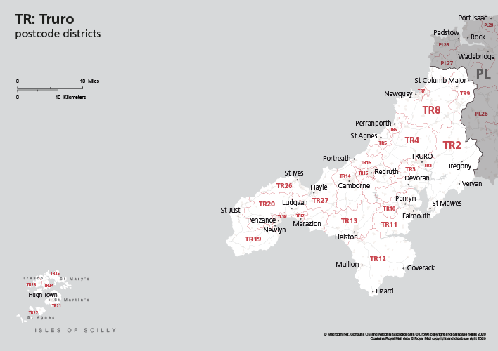 Map of TR postcode districts – Truro – Maproom