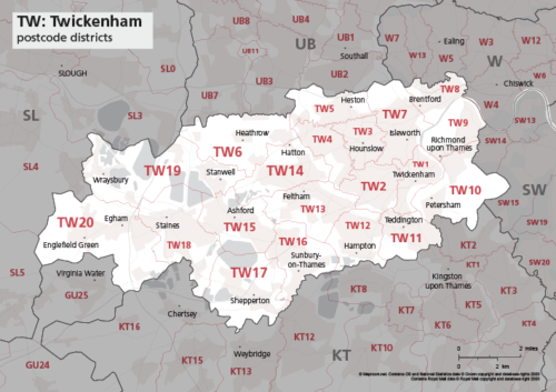 TW postcode districts map preview