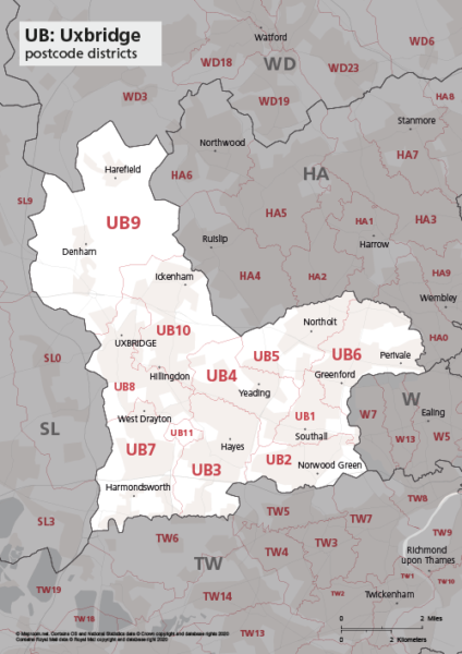 UB postcode districts map preview