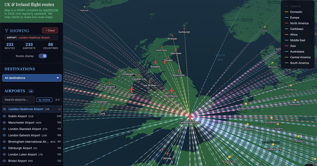 UK & Ireland flight routes map preview
