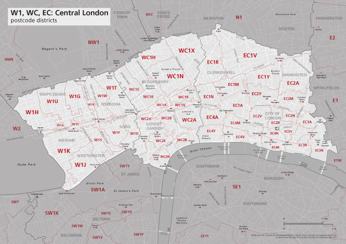 Map of central London postcode districts W1, WC, EC Maproom