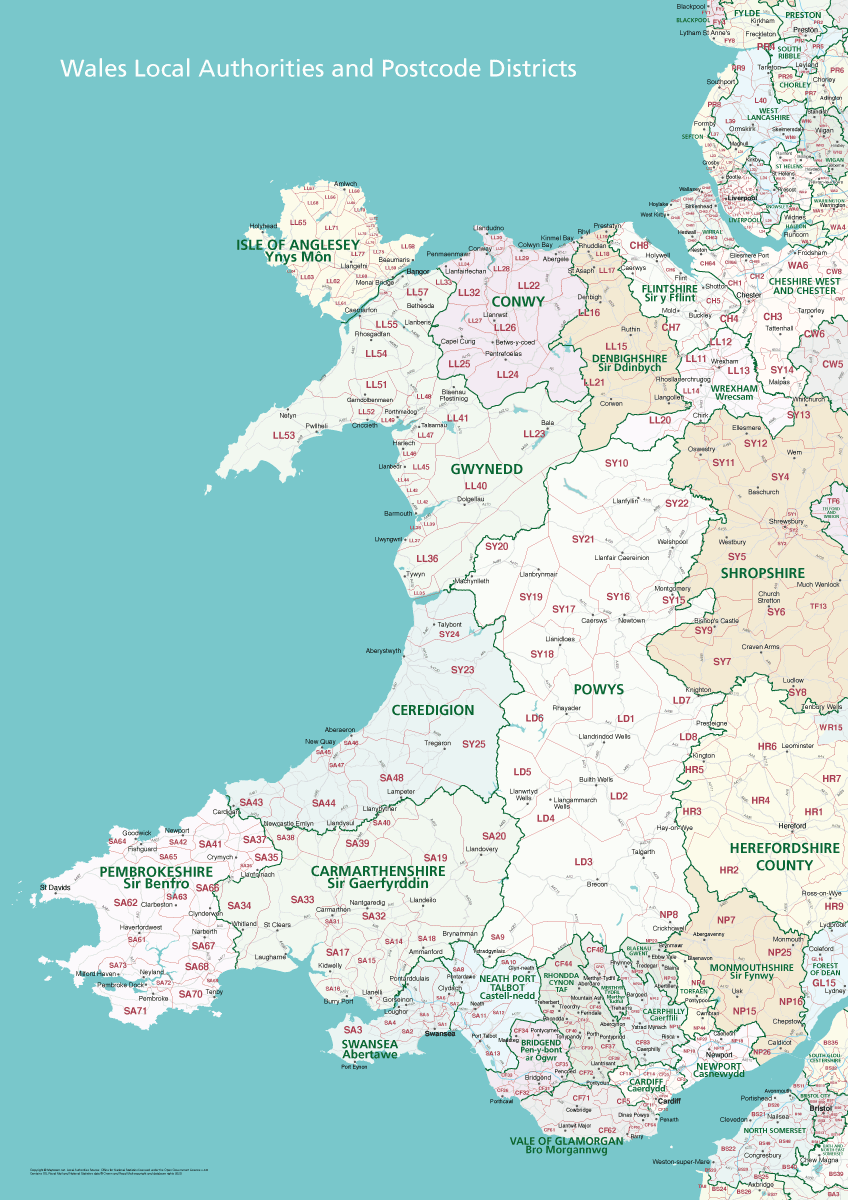Wales Local Authorities and Postcodes map poster preview