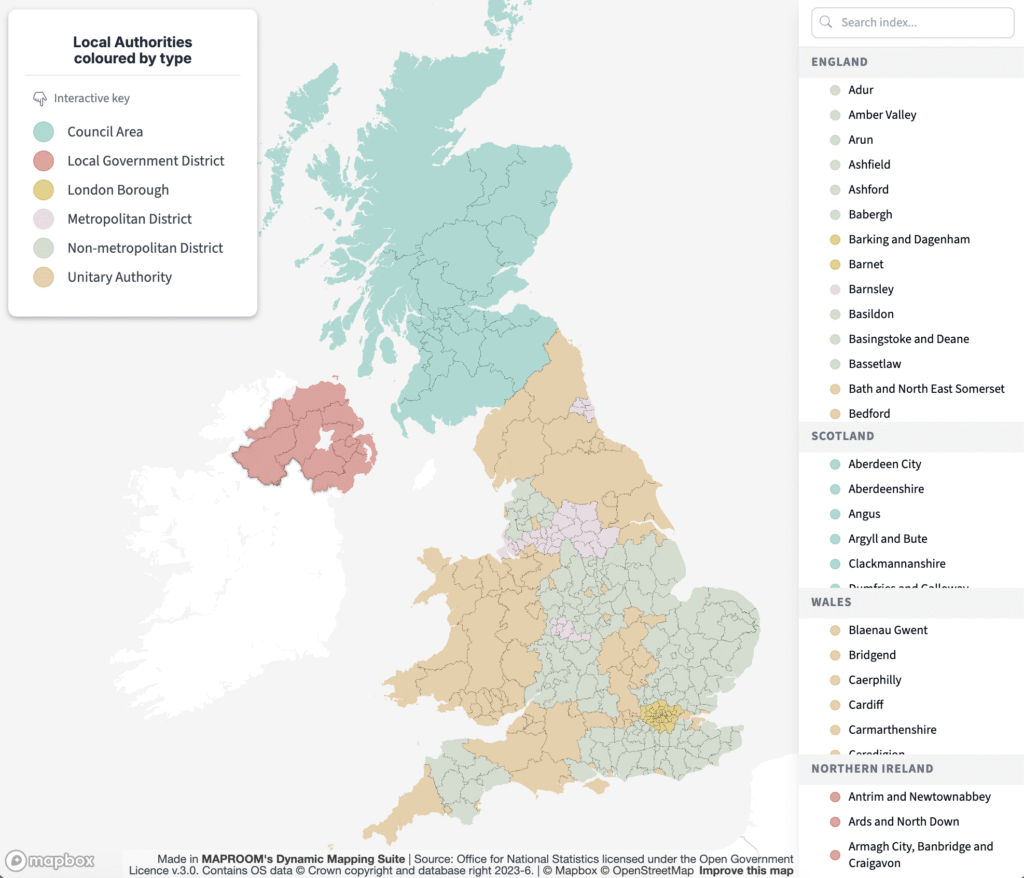 Dynamic Postcode Changes choropleth by type – Maproom