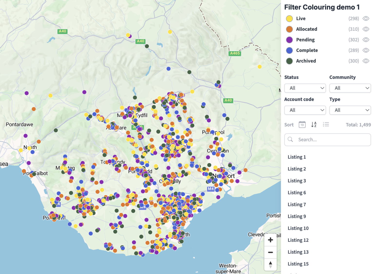 Example of a map created with the Bulk Postcodes Plotter – Maproom