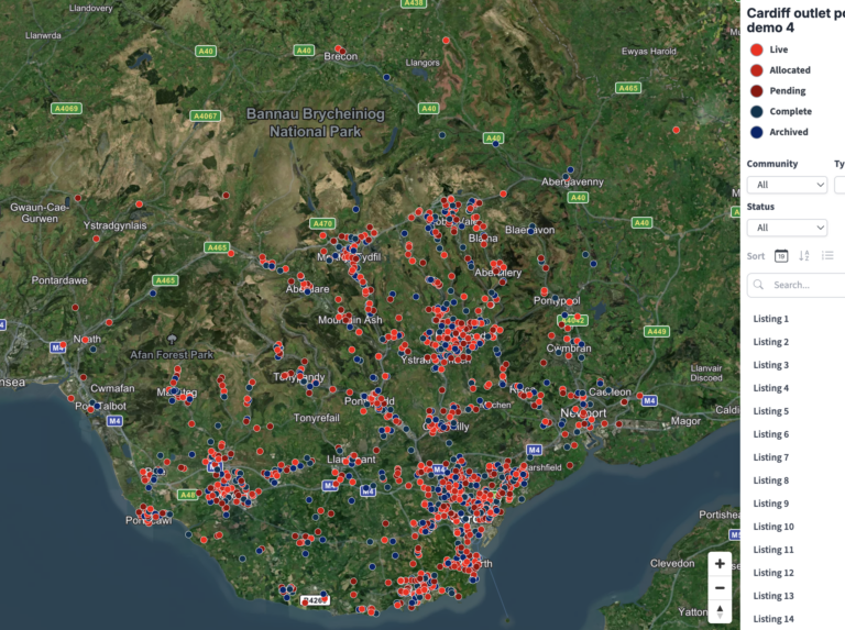 Example of a map created with the Bulk Postcodes Plotter – Maproom