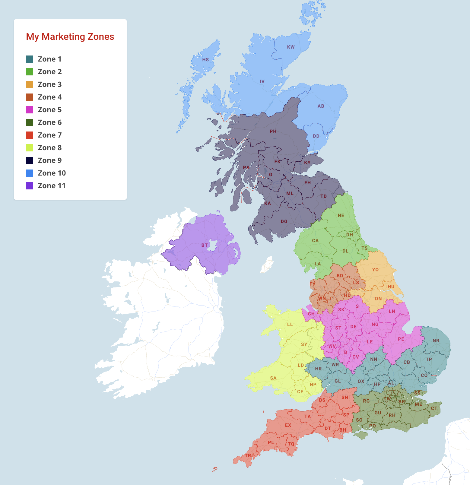 Postcode marketing zones map example Maproom