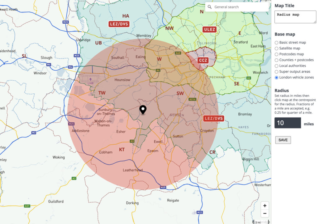 Example of radius map overlaying an area of Greater London that also shows postcode boundaries and the Congestion Charge, ULEZ and LEZ vehicle zones